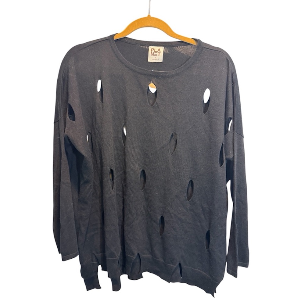 Planet by Lauren G Holey Black Distressed Sweater with Irregular Hemline